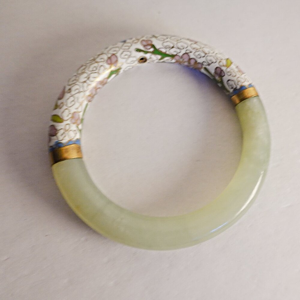 Chinese Jade and Cloissone Flowers Enamel Bangle Bracelet
